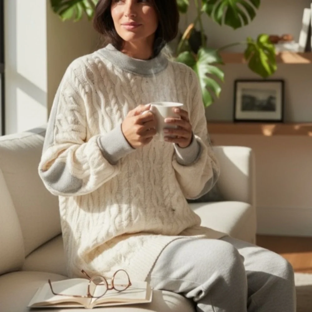 Free People Olympia‎ Oversized Cable Knit Sweater Cream Gray Size XS